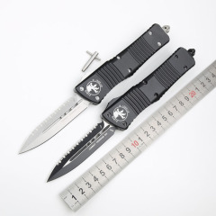 Microtech Troodon AUTO OTF Knife 3.74" M390 Double Combo Edge Dagger Blade, Black Aluminum Handles