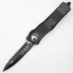 Microtech Troodon AUTO OTF Knife 3.74" M390 Double Combo Edge Dagger Blade, Black Aluminum Handles