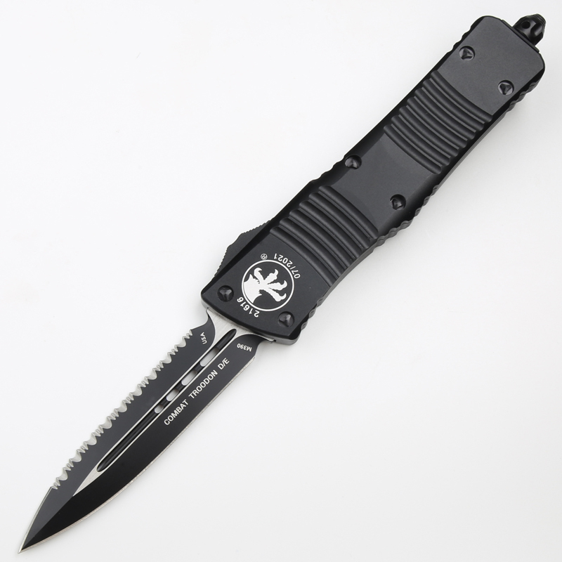 Microtech Troodon AUTO OTF Knife 3.74" M390 Double Combo Edge Dagger Blade, Black Aluminum Handles