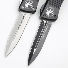 Microtech Troodon AUTO OTF Knife 3.74" M390 Double Combo Edge Dagger Blade, Black Aluminum Handles