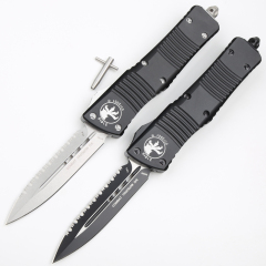 Microtech Troodon AUTO OTF Knife 3.74" M390 Double Combo Edge Dagger Blade, Black Aluminum Handles