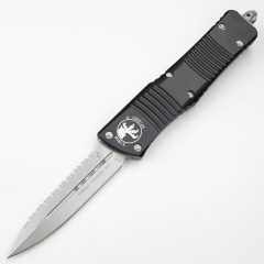 Microtech Troodon AUTO OTF Knife 3.74" M390 Double Combo Edge Dagger Blade, Black Aluminum Handles