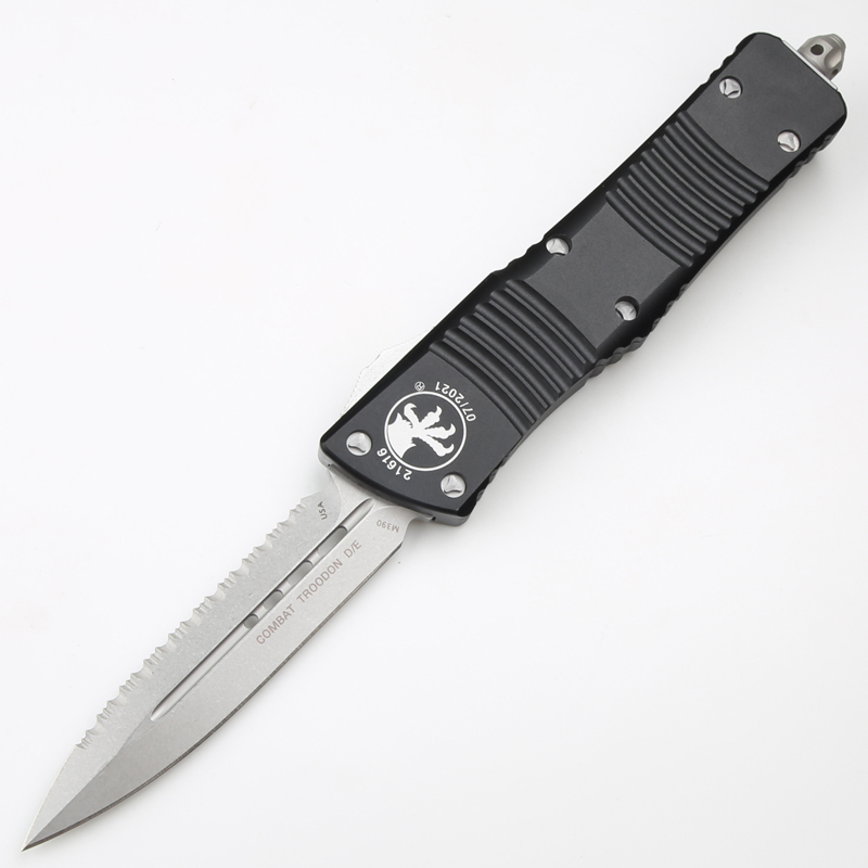 Microtech Troodon AUTO OTF Knife 3.74" M390 Double Combo Edge Dagger Blade, Black Aluminum Handles