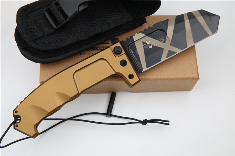 ER RAO AVIO Heavy Duty Folder with Survival Kit 4.25" N690 Tanto Blade, Golden Aluminum Handles