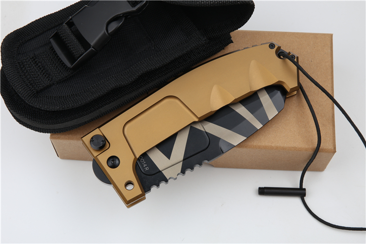 ER RAO AVIO Heavy Duty Folder with Survival Kit 4.25" N690 Tanto Blade, Golden Aluminum Handles