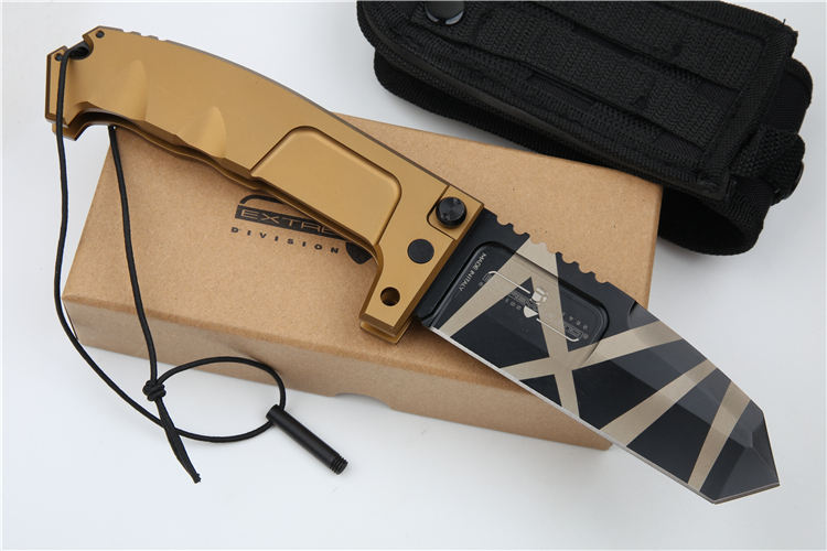 ER RAO AVIO Heavy Duty Folder with Survival Kit 4.25" N690 Tanto Blade, Golden Aluminum Handles