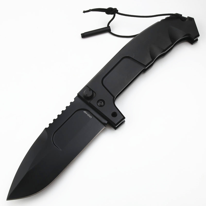 ER RAO Heavy Duty Folding 4.52" Black N690 Drop Point Blade, Black Aluminum Handles