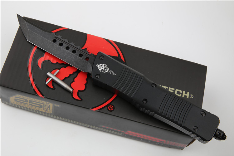 Microtech Troodon AUTO OTF Knife 3.74" M390 Black Satin Double Edge Dagger Blade, Aviation Aluminum Handles