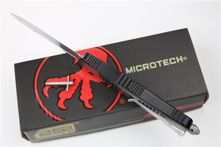 Microtech Troodon AUTO OTF Knife 3.74" M390 Satin Double Edge Dagger Blade, Aviation Aluminum Handles