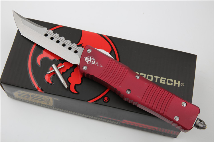 Microtech Troodon AUTO OTF Knife 3.74" M390 Satin Double Edge Dagger Blade, Aviation Aluminum Handles