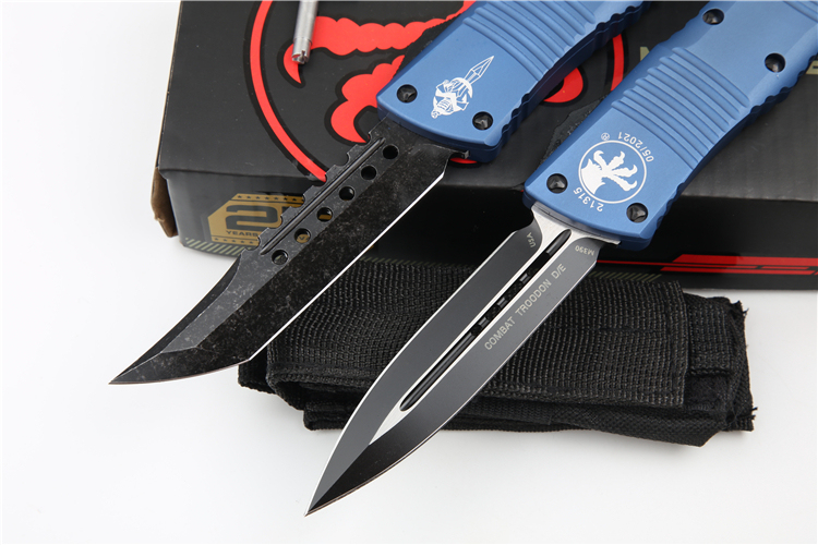 Microtech Troodon AUTO OTF Knife 3.74" M390 Satin Double Edge Dagger Blade, Aviation Aluminum Handles