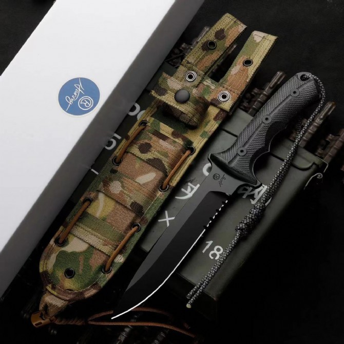 CR Pacific Combat Knife Fixed 6.49" CPM-MagnaCut Black Combo Blade, Black Canvas Micarta Handles, Nylon Sheath