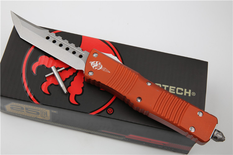 Microtech Troodon AUTO OTF Knife 3.74" M390 Satin Double Edge Dagger Blade, Aviation Aluminum Handles