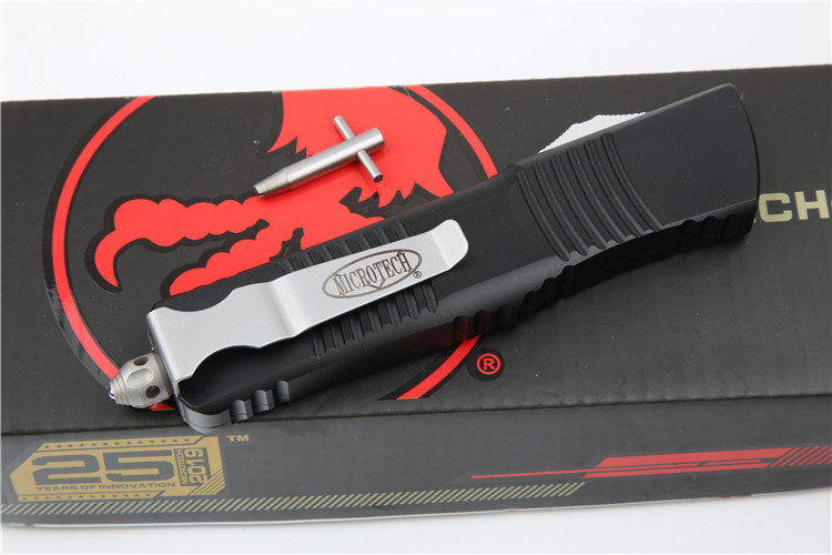 Microtech Troodon AUTO OTF Knife 3.74" M390 Satin Double Edge Dagger Blade, Aviation Aluminum Handles