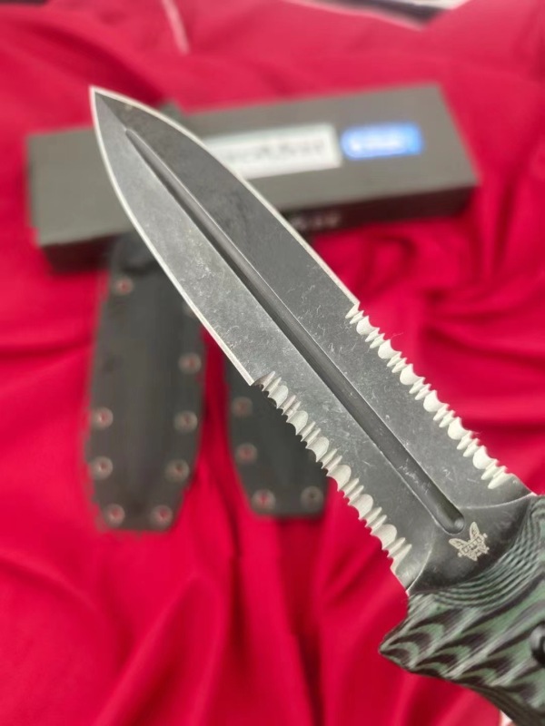 BM Bushcrafter Fixed Blade Knife 6.10" CPM-D2 Satin Double Serred Blade, Green G10 Handles