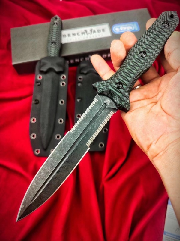 BM Bushcrafter Fixed Blade Knife 6.10" CPM-D2 Satin Double Serred Blade, Green G10 Handles