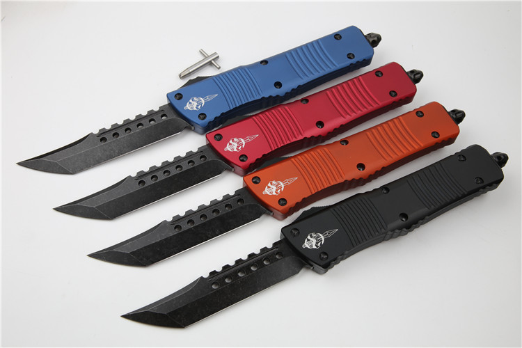 Microtech Troodon AUTO OTF Knife 3.74" M390 Black Satin Double Edge Dagger Blade, Aviation Aluminum Handles