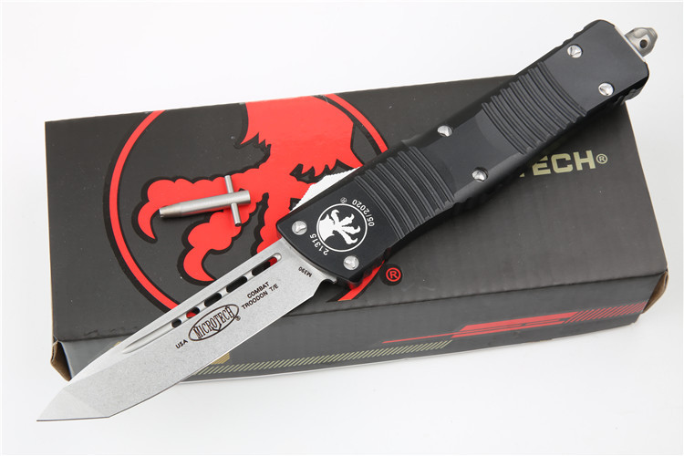 Microtech Troodon AUTO OTF Knife 3.74" M390 Satin Double Edge Dagger Blade, Aviation Aluminum Handles