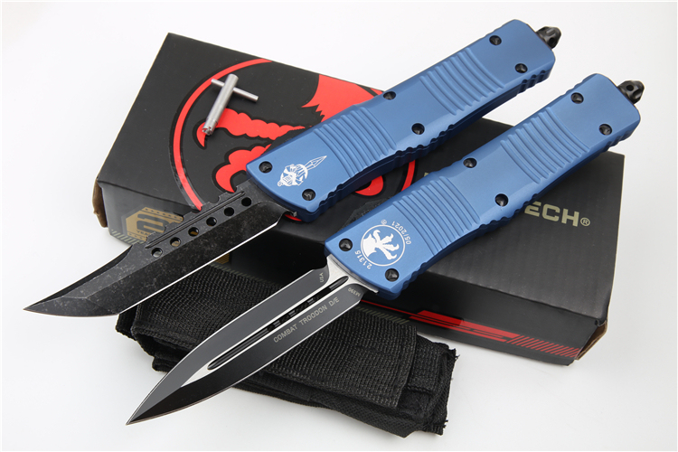 Microtech Troodon AUTO OTF Knife 3.74" M390 Satin Double Edge Dagger Blade, Aviation Aluminum Handles