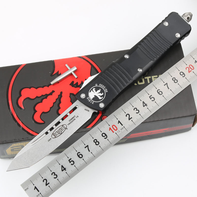 Microtech Troodon AUTO OTF Knife 3.74" M390 Satin Double Edge Dagger Blade, Aviation Aluminum Handles