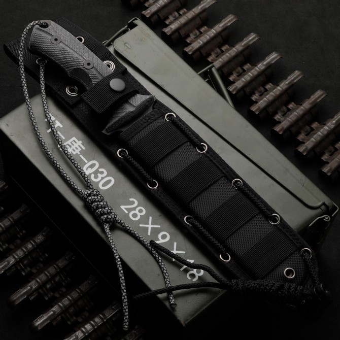 CR Pacific Combat Knife Fixed 6.49" CPM-MagnaCut Black Combo Blade, Black Canvas Micarta Handles, Nylon Sheath