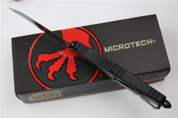 Microtech Troodon AUTO OTF Knife 3.74" M390 Black Satin Double Edge Dagger Blade, Aviation Aluminum Handles