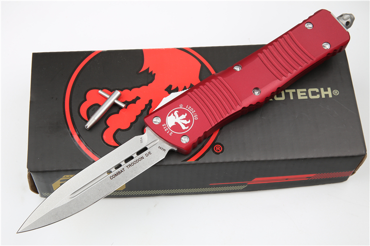 Microtech Troodon AUTO OTF Knife 3.74" M390 Satin Double Edge Dagger Blade, Aviation Aluminum Handles