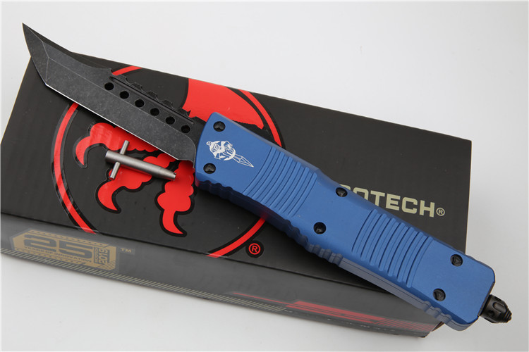 Microtech Troodon AUTO OTF Knife 3.74" M390 Black Satin Double Edge Dagger Blade, Aviation Aluminum Handles