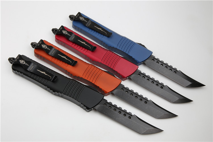 Microtech Troodon AUTO OTF Knife 3.74" M390 Black Satin Double Edge Dagger Blade, Aviation Aluminum Handles