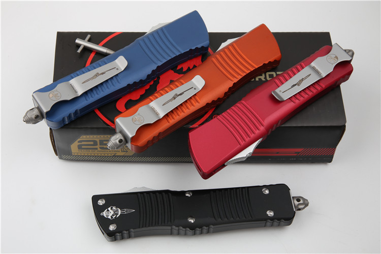 Microtech Troodon AUTO OTF Knife 3.74" M390 Black Satin Double Edge Dagger Blade, Aviation Aluminum Handles