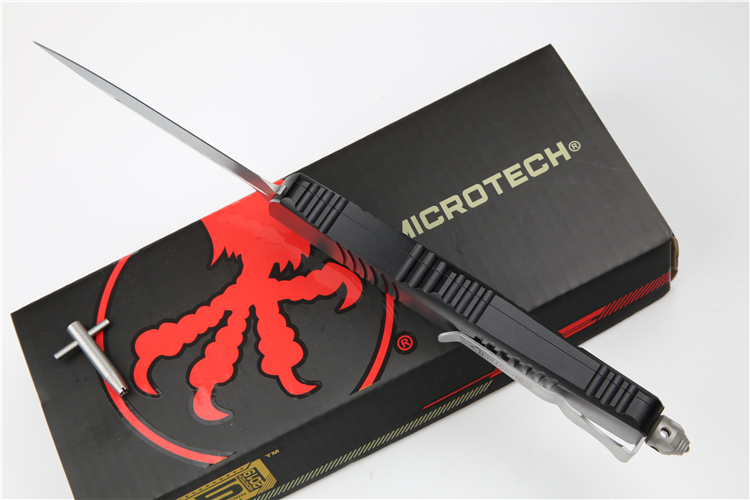 Microtech Troodon AUTO OTF Knife 3.74" M390 Satin Double Edge Dagger Blade, Aviation Aluminum Handles