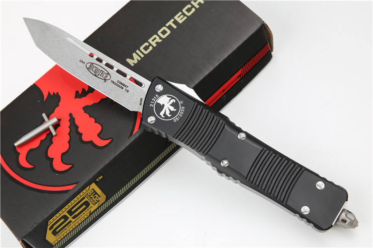 Microtech Troodon AUTO OTF Knife 3.74" M390 Satin Double Edge Dagger Blade, Aviation Aluminum Handles