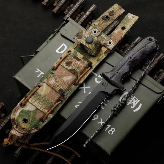 CR Pacific Combat Knife Fixed 6.49" CPM-MagnaCut Black Combo Blade, Black Canvas Micarta Handles, Nylon Sheath