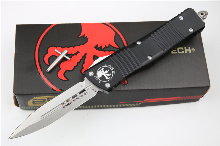 Microtech Troodon AUTO OTF Knife 3.74" M390 Satin Double Edge Dagger Blade, Aviation Aluminum Handles