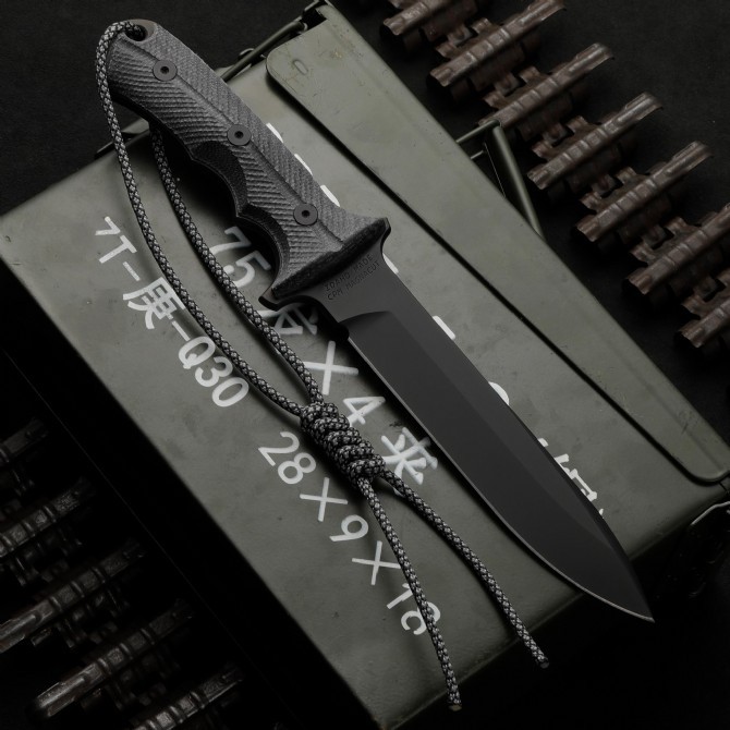 CR Pacific Combat Knife Fixed 6.49" CPM-MagnaCut Black Combo Blade, Black Canvas Micarta Handles, Nylon Sheath