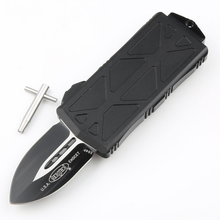 Microtech Exocet OTF Money Clip AUTO Knife 1.96" Black 204P Double Edge Blade, Aluminum Handles