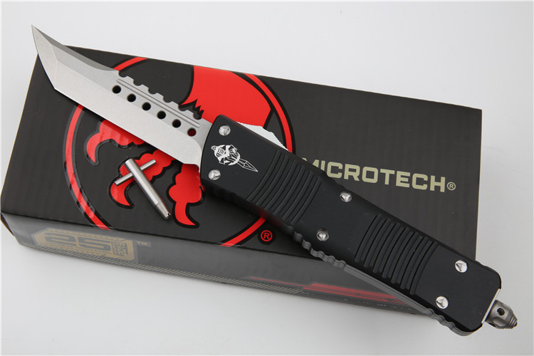 Microtech Troodon AUTO OTF Knife 3.74" M390 Satin Double Edge Dagger Blade, Aviation Aluminum Handles