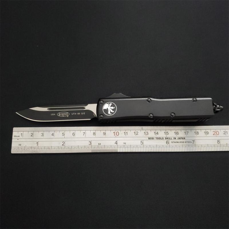 Microtech UTX-85 Tactical AUTO OTF Knife 3.14" Black M390 Plain Blade, Black Aluminum Handles