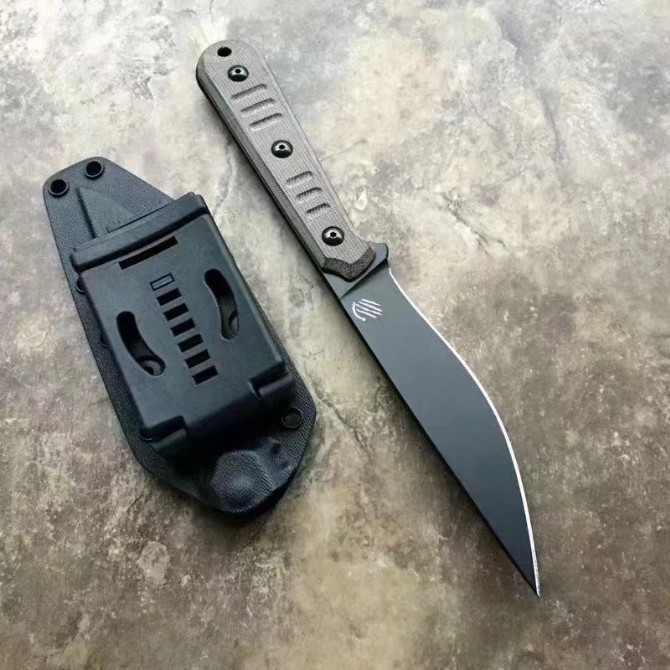 BT Creations Silence Slim Fixed Blade Knife 4.80" N690 Black Stonewashed Plain Blade, Green Canvas Micarta Handles, Kydex Sheath