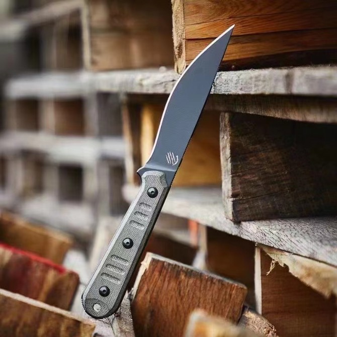 BT Creations Silence Slim Fixed Blade Knife 4.80" N690 Black Stonewashed Plain Blade, Green Canvas Micarta Handles, Kydex Sheath