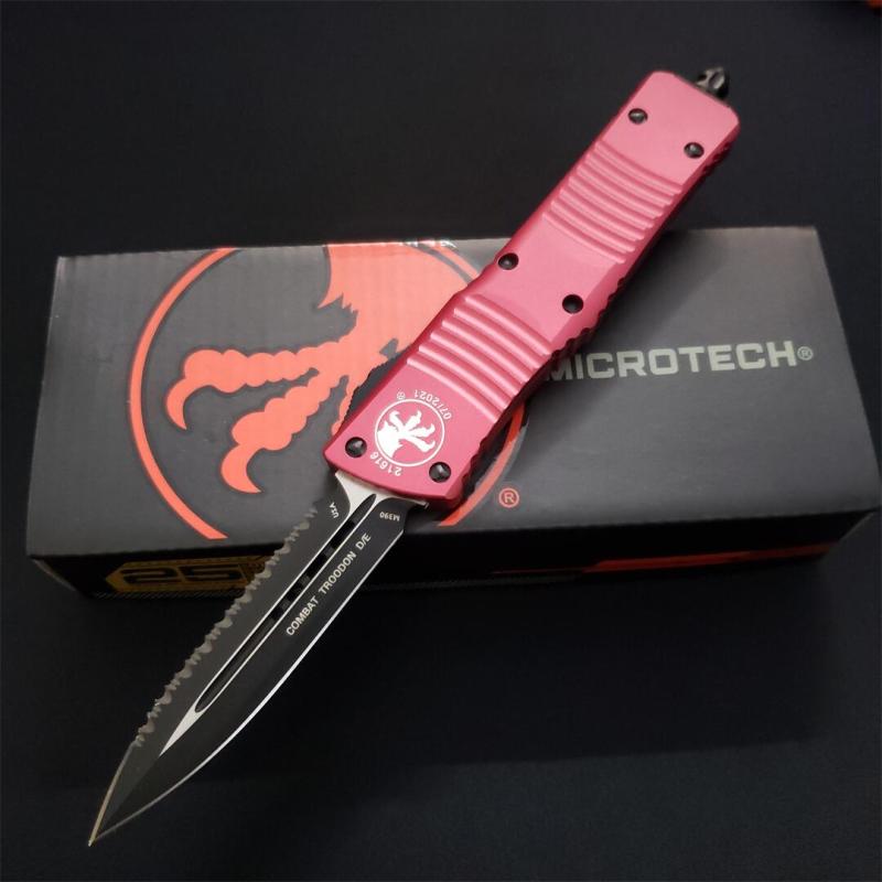 Microtech Troodon AUTO OTF Knife 3.74" M390 Serrated Double Edge Blade, Aviation Aluminum Handles