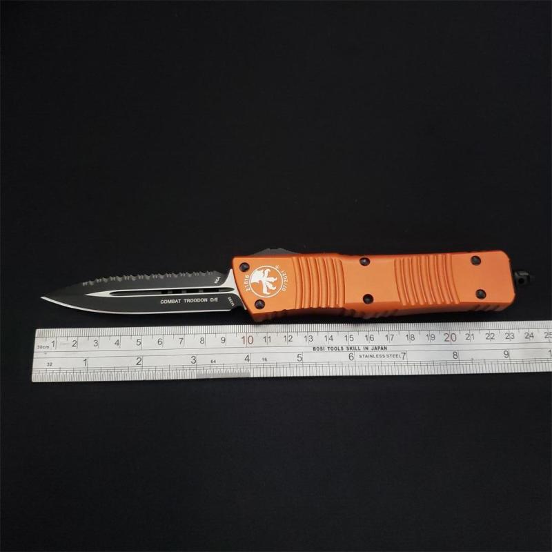 Microtech Troodon AUTO OTF Knife 3.74" M390 Serrated Double Edge Blade, Aviation Aluminum Handles