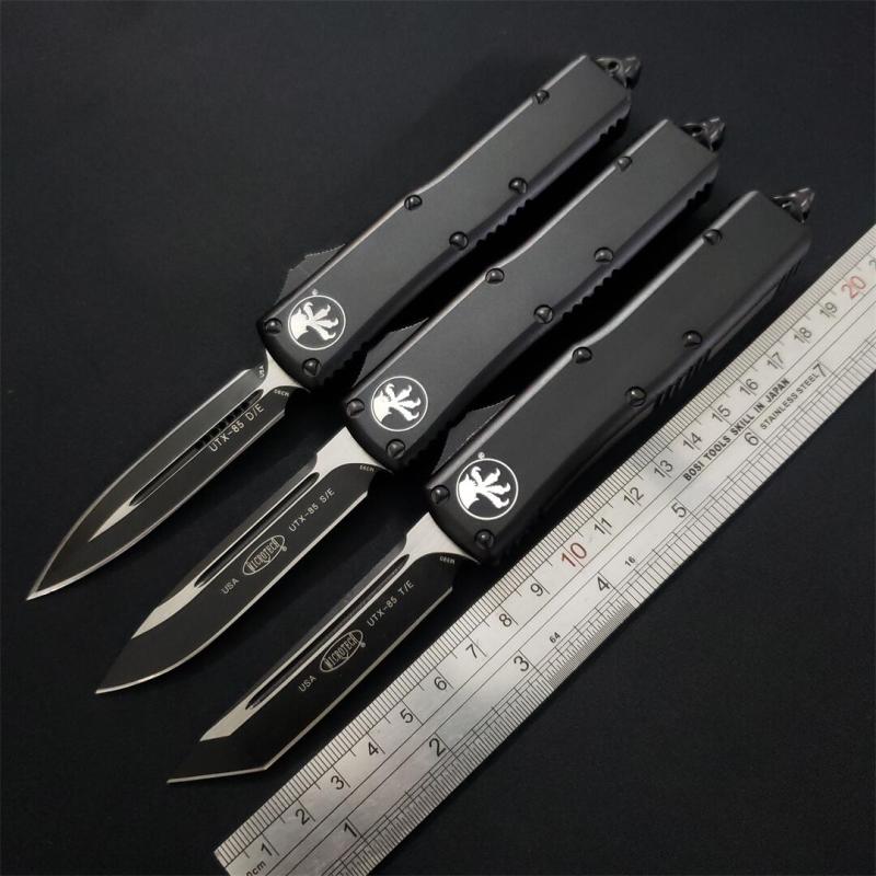 Microtech UTX-85 Tactical AUTO OTF Knife 3.14" Black M390 Plain Blade, Black Aluminum Handles