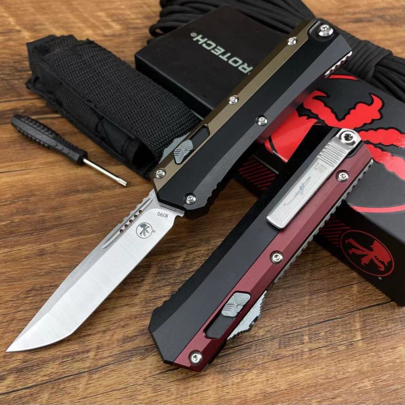 Microtech Glykon AUTO OTF Knife 3.58" M390 Tanto Plain Blade, Aluminum Handles with Titanium Overlays