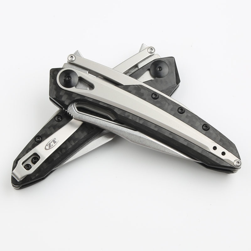 ZT 0990 Flipper Knife 3.26" CPM-20CV Stonewashed Drop Point Blade, Carbon Fiber Handles with Steel Overlay