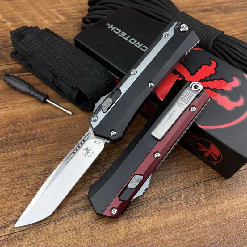 Microtech Glykon AUTO OTF Knife 3.58" M390 Tanto Plain Blade, Aluminum Handles with Titanium Overlays