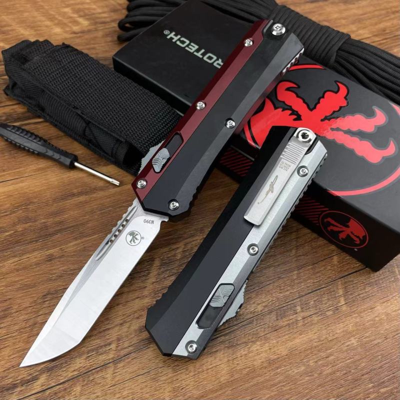 Microtech Glykon AUTO OTF Knife 3.58" M390 Tanto Plain Blade, Aluminum Handles with Titanium Overlays