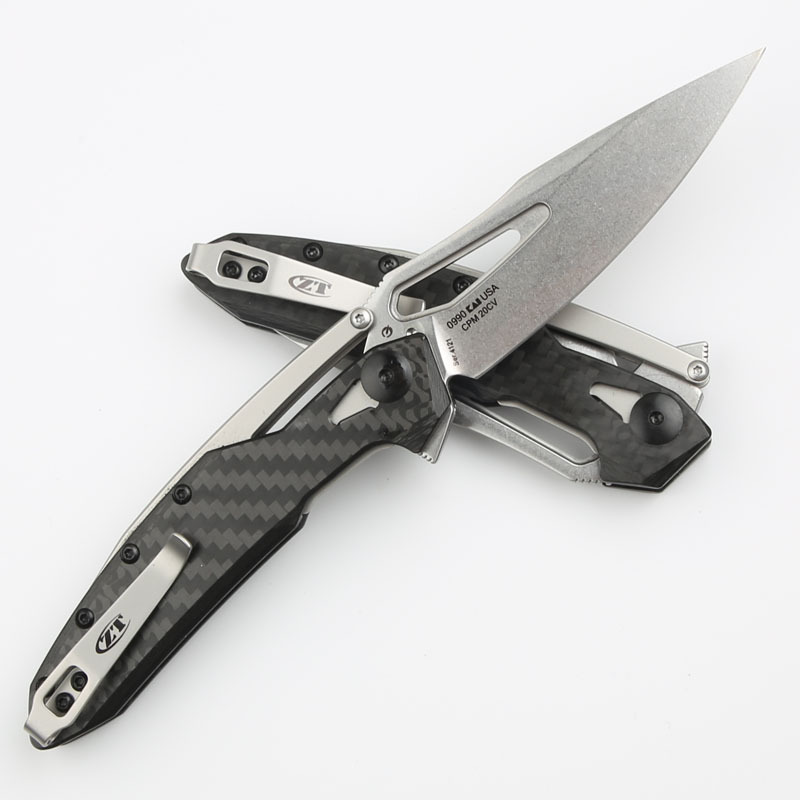 ZT 0990 Flipper Knife 3.26" CPM-20CV Stonewashed Drop Point Blade, Carbon Fiber Handles with Steel Overlay