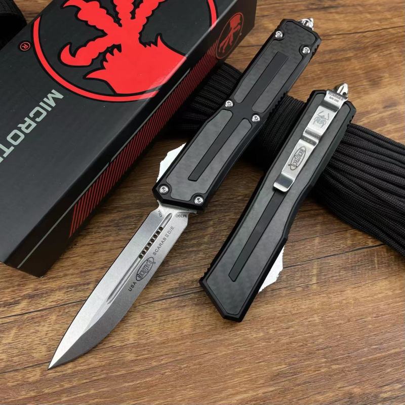 Microtech Scarab II D/E OTF AUTO Knife 3.89" M390MK Blade, Black Aviation Aluminum Handles