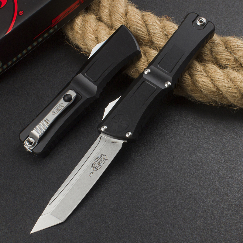 Microtech Combat Troodon Gen III AUTO OTF Knife 3.86" M390MK Stonewashed Tanto Blade, Aviation Aluminum Handles